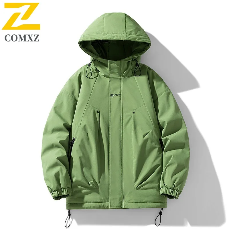 

COMXZ Мужская зимняя куртка, теплая однотонная ветрозащитная водонепроницаемая куртка с капюшоном для путешествий на открытом воздухе, зимняя лыжная стеганая куртка, походное пальто
