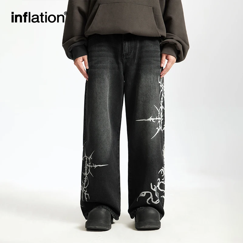 

INFLATION Black Graphic Denim Pants High Street Trend Wide Leg Jeans for Men