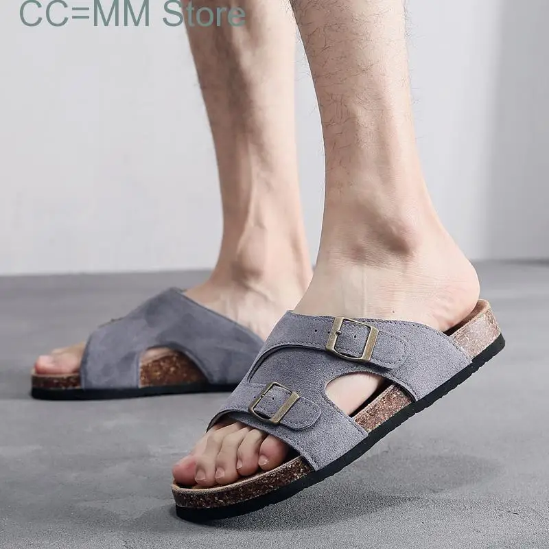 

New Fashion Men Beach Cork Slippers Summer Buckle Cow Suede Non-slip Outside EVA Slide Shoe