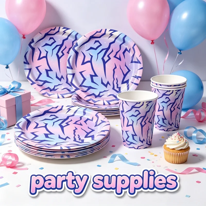 Hot Anime Movie K-pop Pink and Purple Disposable Tablecloth Tableware Paper Cup Plate Napkins Birthday Party Scene Decor Kit New - view 5