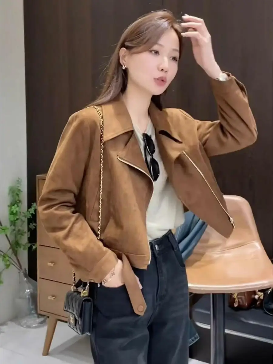 Women's Short Biker Style Suede Jacket Casual Loose Fit Autumn New Fashion Top Small Size 2026 Popular Leather Coat