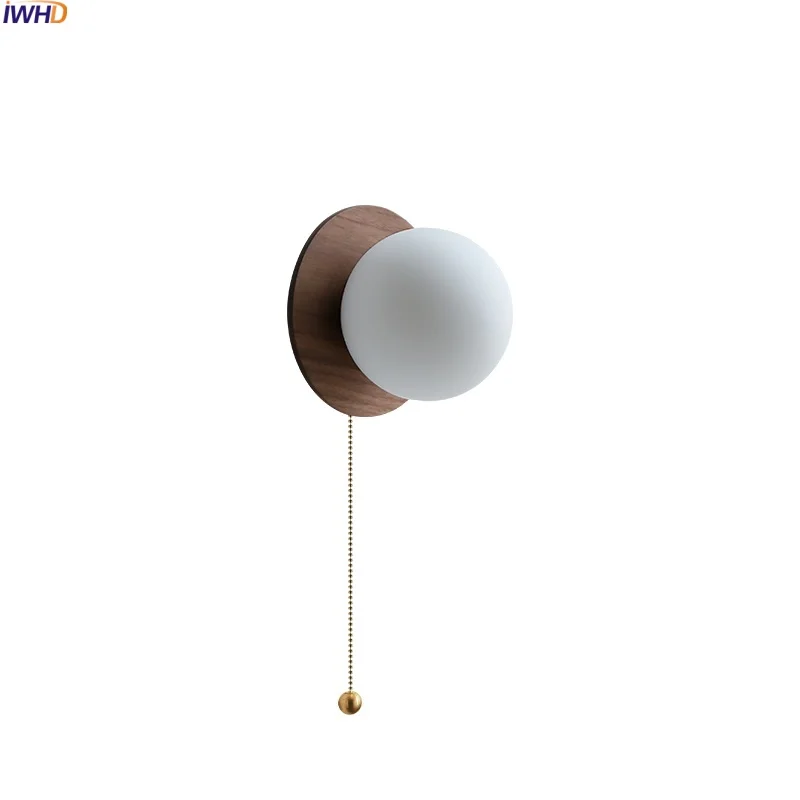 

IWHD Nordic Modern LED Wall Lamp Sconce Walnut Wood Glass Ball Pull Chain Switch Bedroom Bathroom Mirror Wall Light Arandela