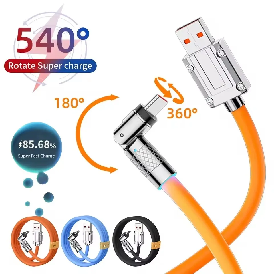 540 Degree Rotating Type C Fast Charge Cable 6A 120W USB Quick Charger For Huawei P40 Nova 11 Honor Xiaomi 13 Redmi POCO F4 F5