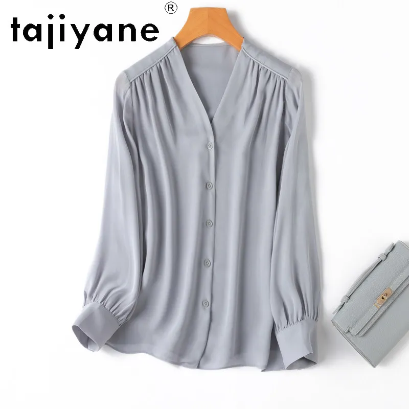 

TAJIYANE 100% шелковые рубашки из тутового шелкопряда, женские элегантные синие топы, блузка с V-образным вырезом, новинка весенней коллекции 2026, женская одежда