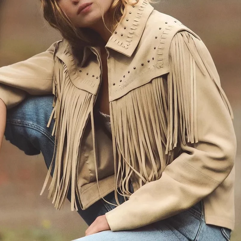 Fashionable Suede PU Jacket Women's Spring Summer New Arrival Tassel Trimmed Outerwear Elegant Commute Style Zipper Closure