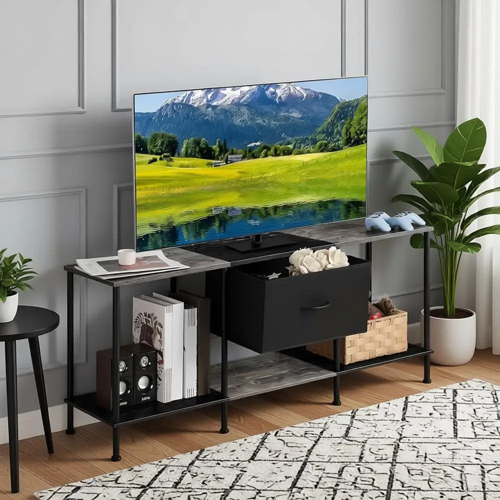 

50/55 Inch Entertainment Center with Fabric Cabinet and Shelves for TV or Living Room, Black and Grey
