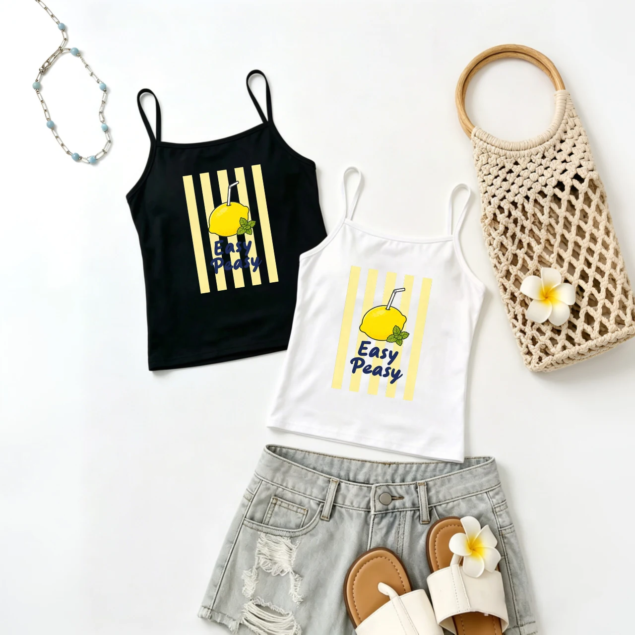 Lemon Juice Camisole Women Yellow Stripe Graphic Tank Tops Summer Seaside Beach Walk Pool Side Sunbathing Holiday Wear