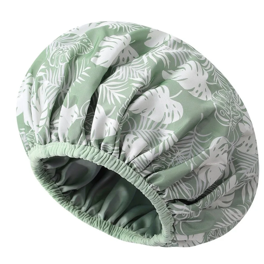 New Waterproof Shower Cap Satin Lined Double Layer Shower Bonnet Flower Printed Reusable Bathing Hair Cover Salon Use