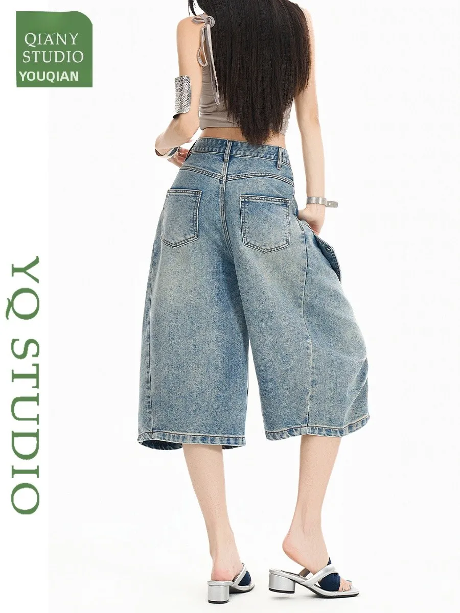 High Quality Retro Work Pants Neutral Summer New Casual Wide Leg Jeans High Waist Cotton Blend Denim Ladies Fashion