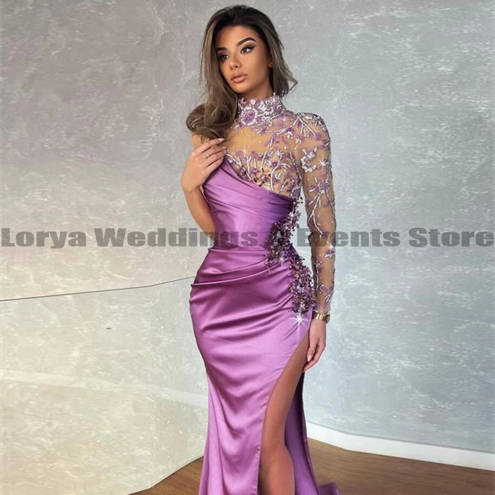 Roxo sereia cetim vestidos de noite plissado lado sexy dividir princesa vestidos de baile renda decalque manga longa moda celebridade 2023