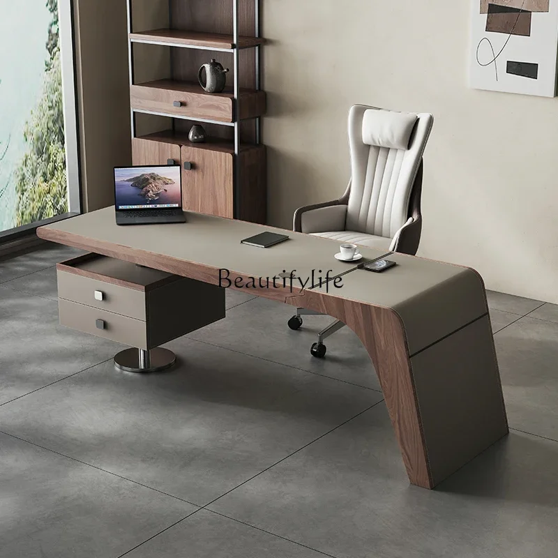 LJYRetro style high-end study office computer desk Italian minimalist solid wood special-shaped saddle leather desk