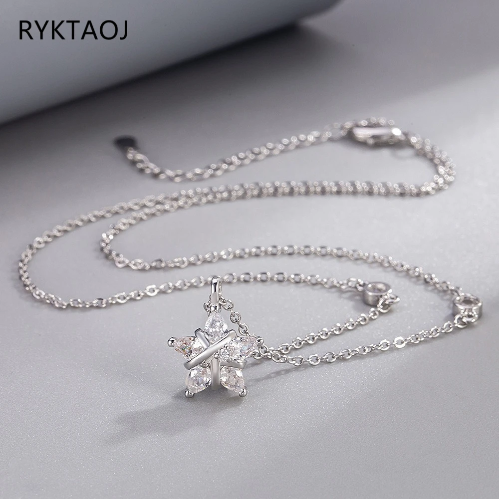 925 Sterling Silver Star Cubic Zirconia Jewelry Set for Women Shiny CZ Pendant Necklace Stud Earrings 2Pcs Wedding Party Gift