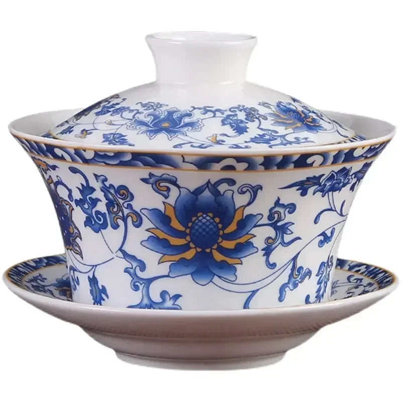 Jingdezhen Ceramic Gaiwan High Quality Sancai Tea Bowl Chinese Traditional Pattern Cover Bowl Blue and White Porcelain Tea Set