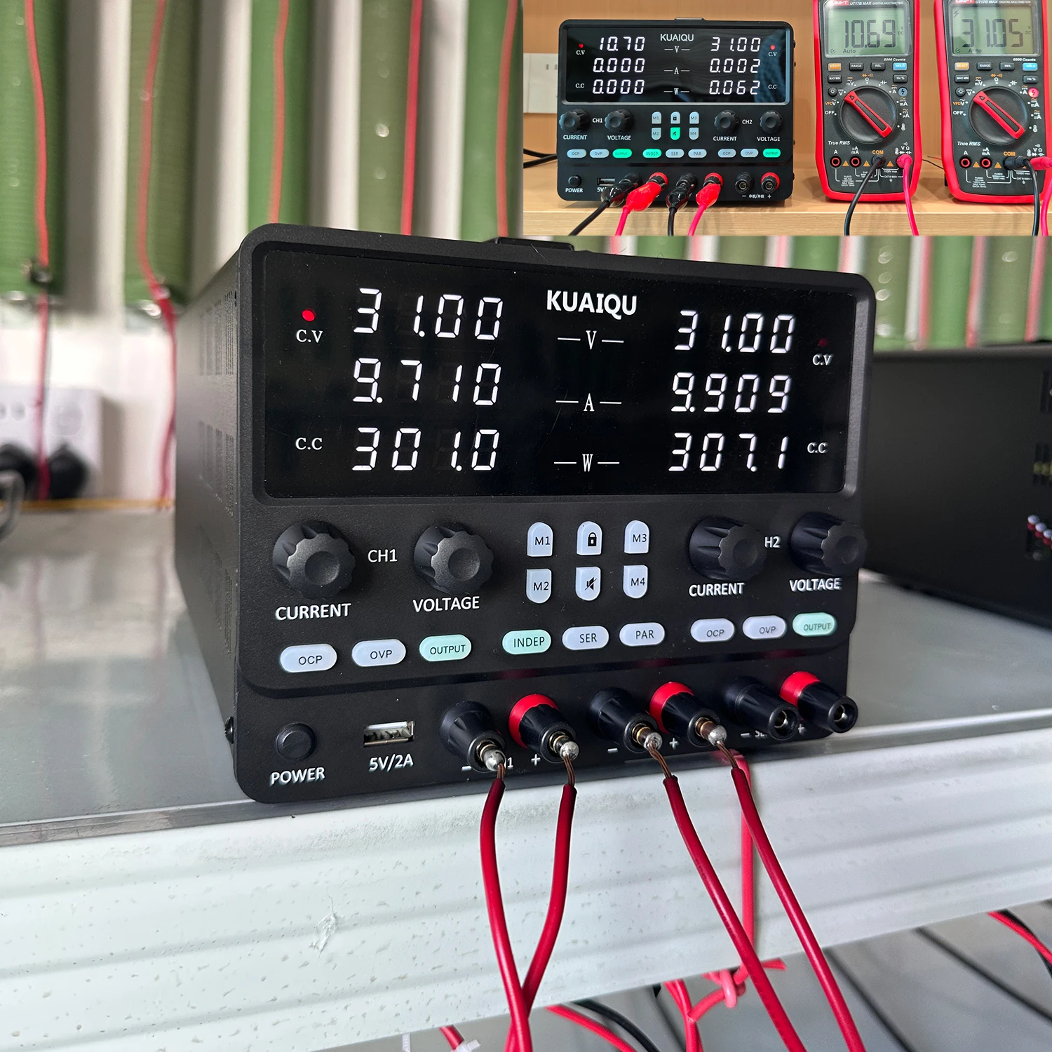 KUAIQU 4 in 1 Adjustable Lab Power Supply 30V 10A 60V 5A Dual Channel Switching Regulated Power Supply, Parallel Series Mode USB