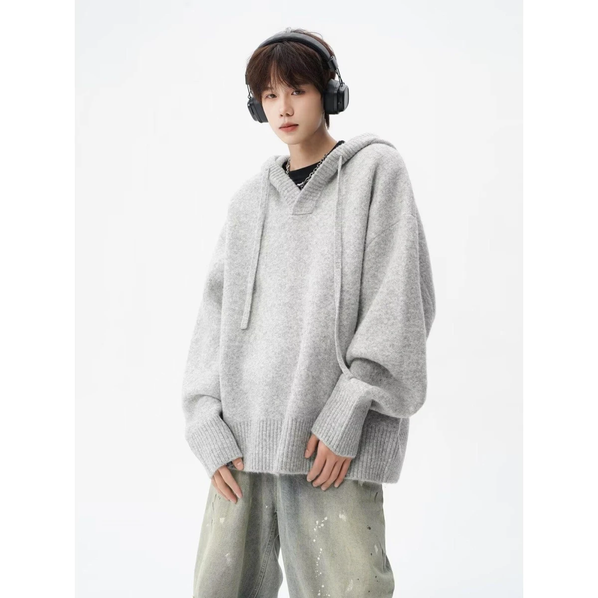 

Spring New Lazy Korean Design Long Sve Hoodie Women's Loose Fit Splice Trendy Top Polyester Fiber Casual Knitted Sweater
