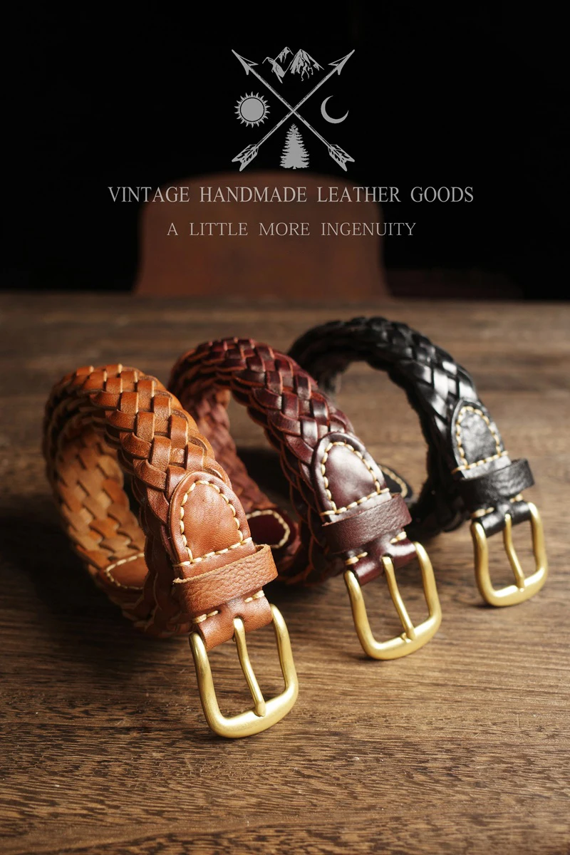 Vintage Handmade Braided Belt Genuine Leather Woven Casual Dress Belt 1-1/8