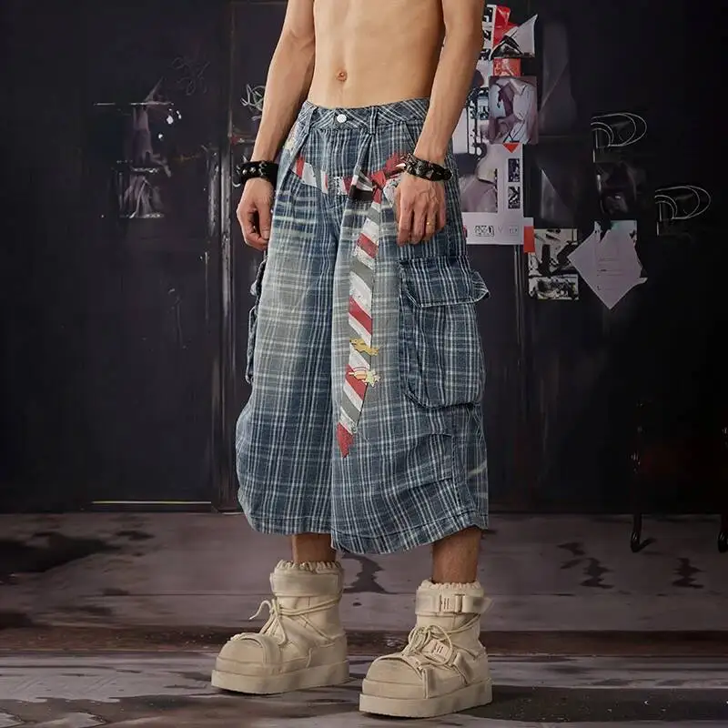 LUZHEN 2026 Summer Vintage Style Wornout Plaid Printed Patchwork Design Multi Pockets Cropped Trousers Men's Shorts Pants JY7515