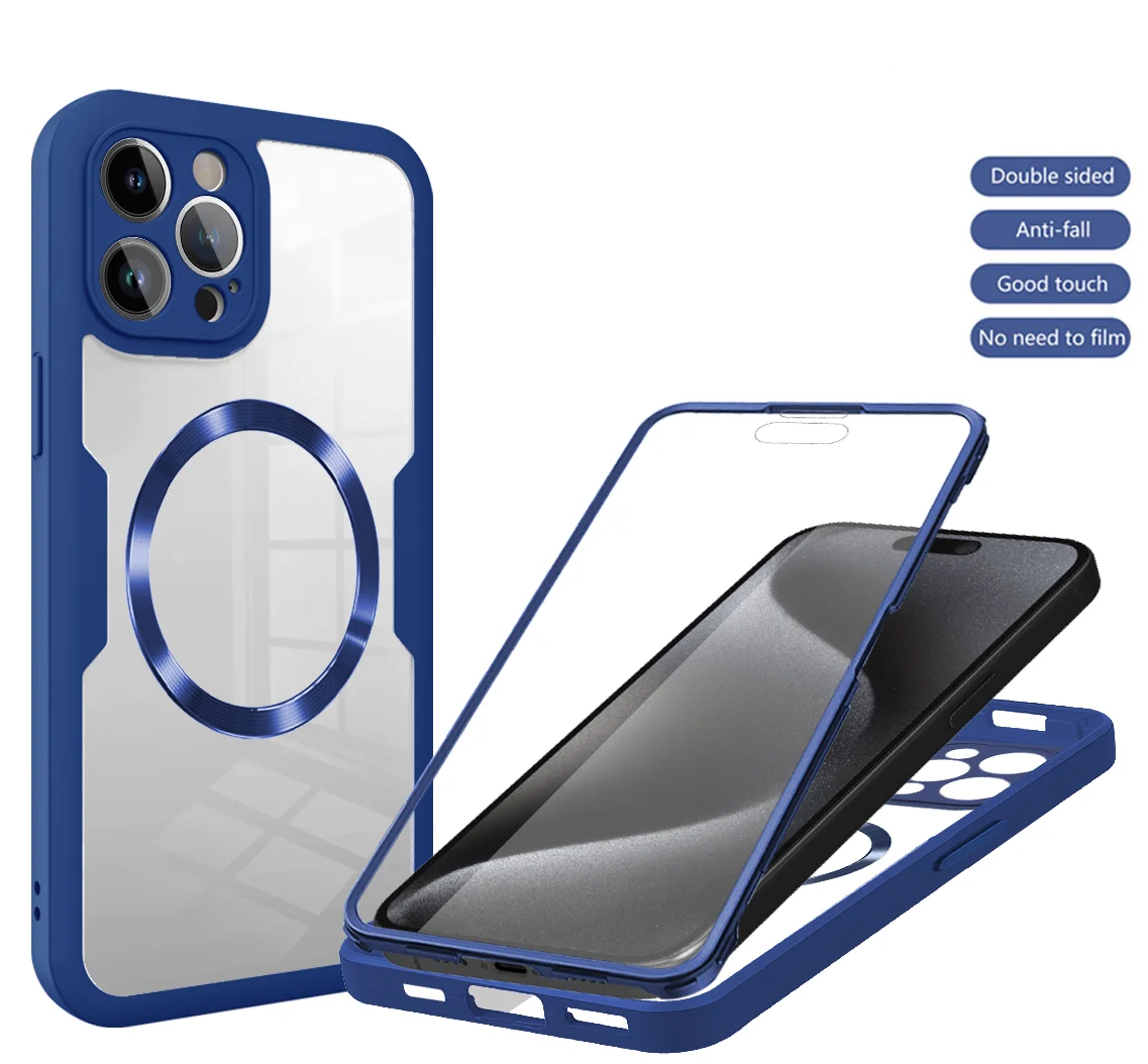 360° doppelseitige magnetische Schutzhülle für iPhone 17 16 15 14 12 13 Pro Max mit Displayschutzfolie und transparenter Abdeckung