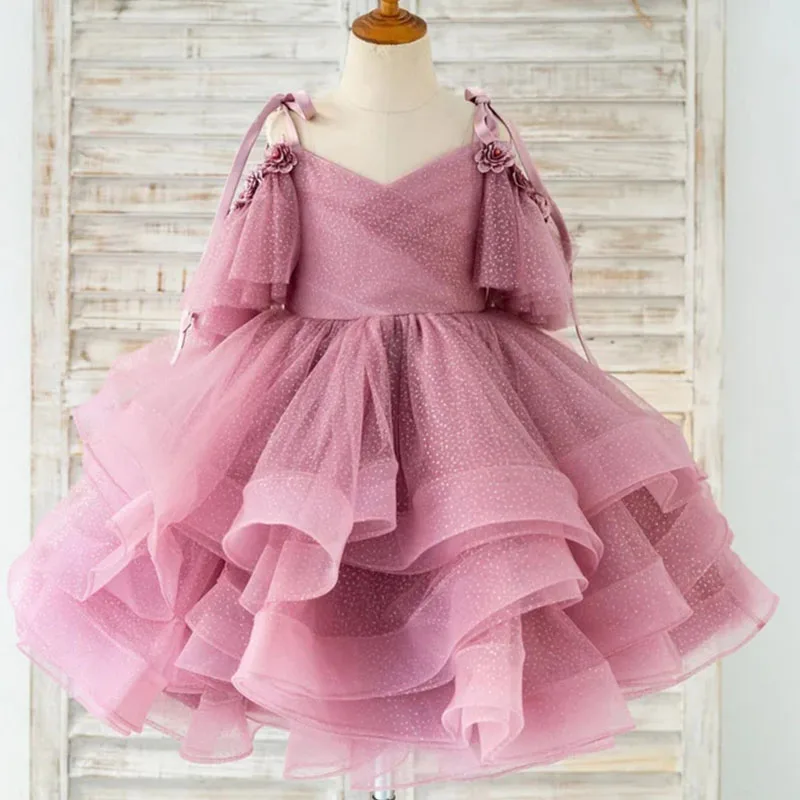 

Customized Flower Girl Dress Strapless Bow V-neck for Wedding Party Birthday Princess Tulle Gown