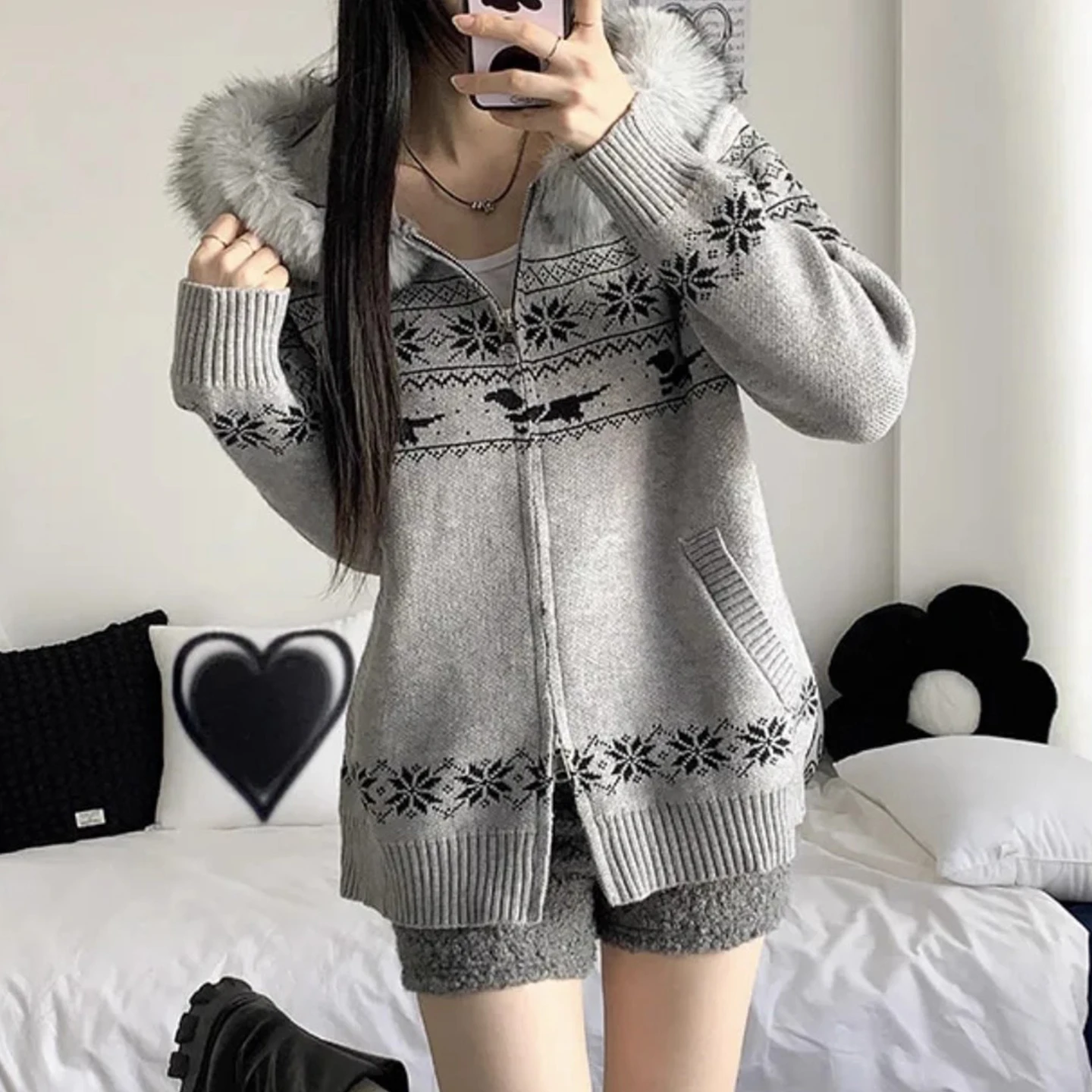 

Women's Hooded Knitted Sweater Coat with Large Fur Collar Color Blo Winter New Sle Commute Faion Loose Fit Long Sve