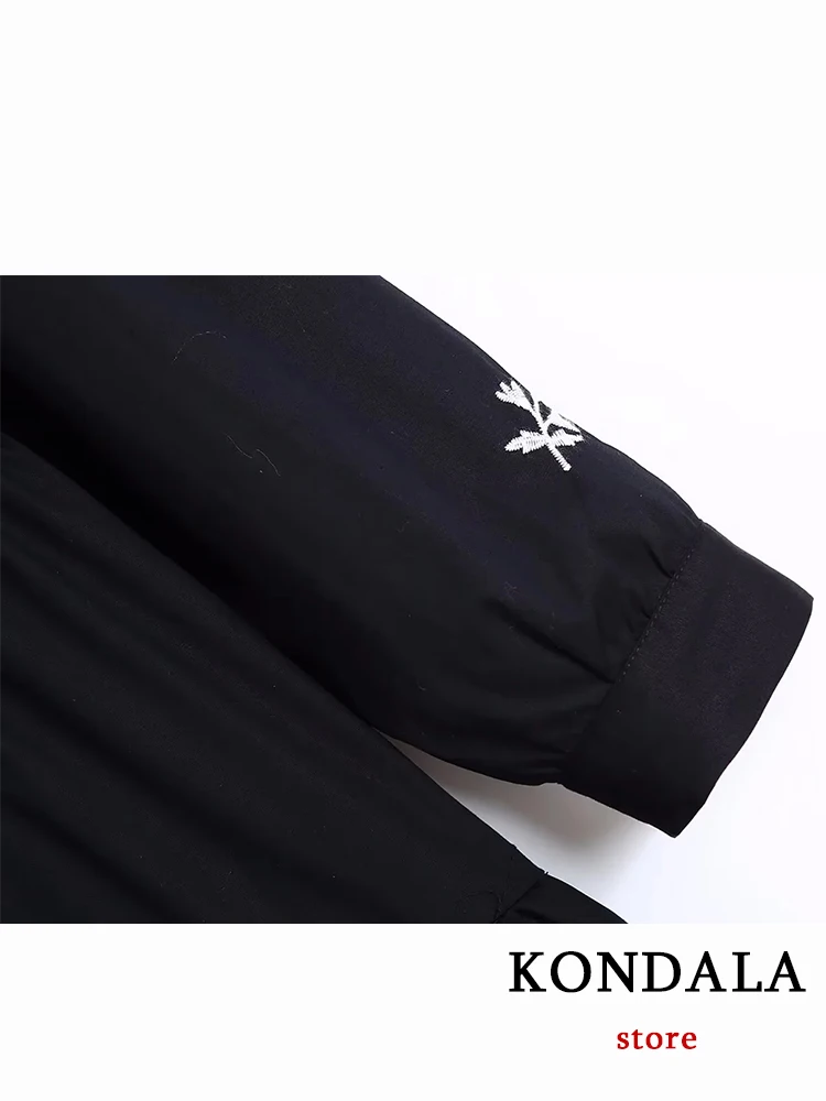 KONDALA Chic Casual Loose Embroidery Black Women Long Shirt Dress Fashion 2023 Summer Single Breast Long Sleeve Elegant Vestidos