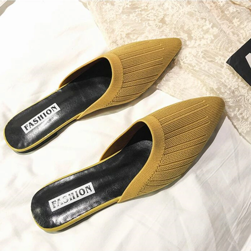 Summer 2022 Flats Shoes Woman Sandals Fashion Knitted Elastic Mesh Breathable Mules Shoes Ladies Casual Plus Size Shoes Female