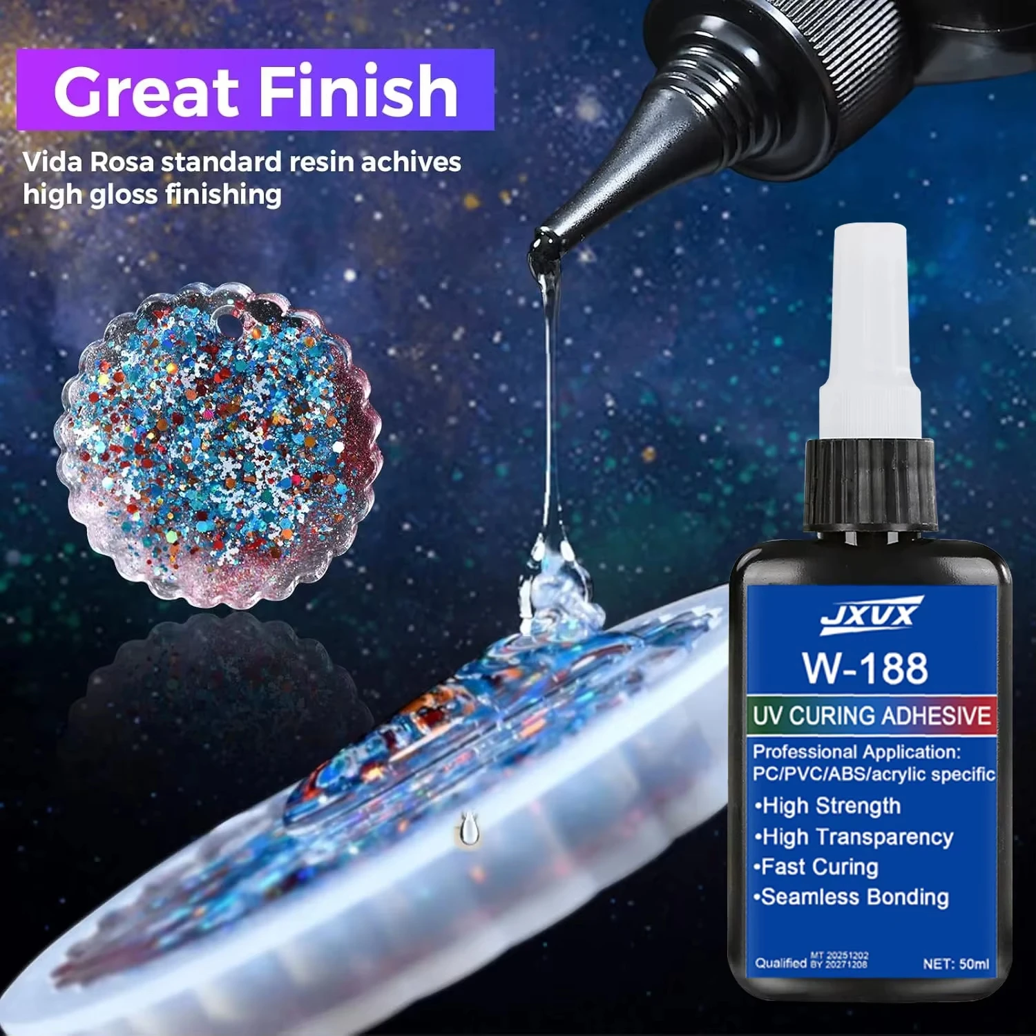 W188 UV Resin Adhesive High-Strength Transparent Bonding Agent Jewellery DIY Crafting Rapid Setting Suitable for Metal, Glass and Plastic