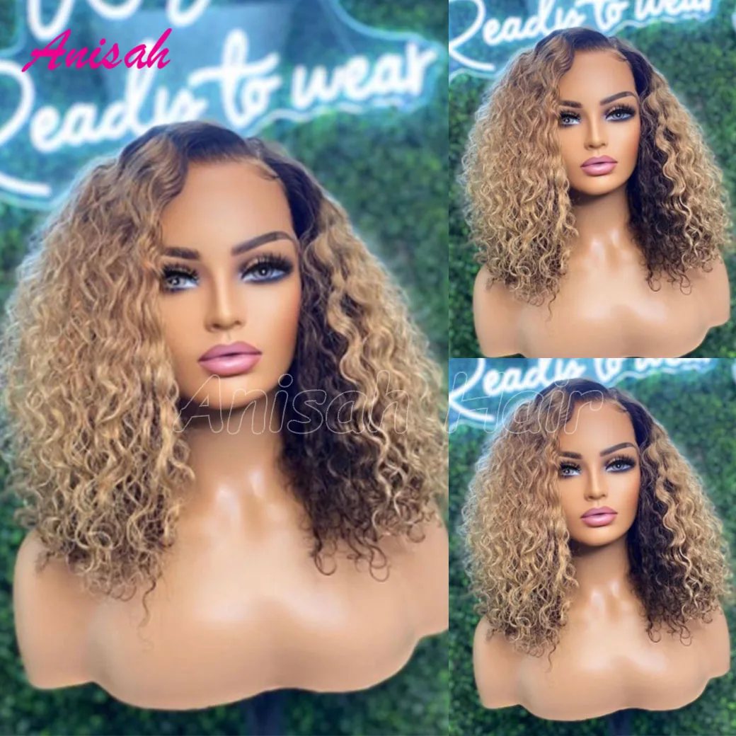 

Highlight Ombre Curly 5x5 Glueless Lace Closure Wig Human Hair Ready To Wear Water Wave 13x4 Lace Front Short Bob Wigs For Women