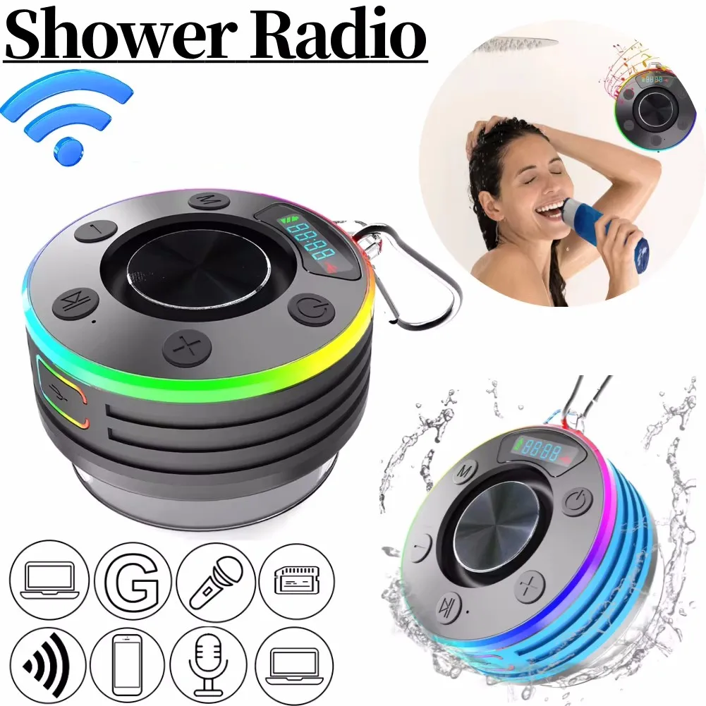 Shower Speaker Bluetooth-Compatible Waterproof Stereo Subwoofer FM Radio with Suction Cup for Bathroom Party Beach Pool Supplies