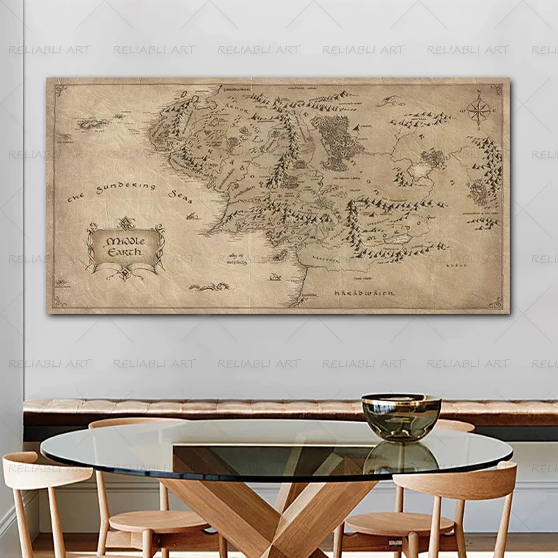 Retro The-Lord-of-Rings Map Poster Vintage Middle-earth Map Canvas Painting Movie Wall Art Pictures for Home Living Room Decor