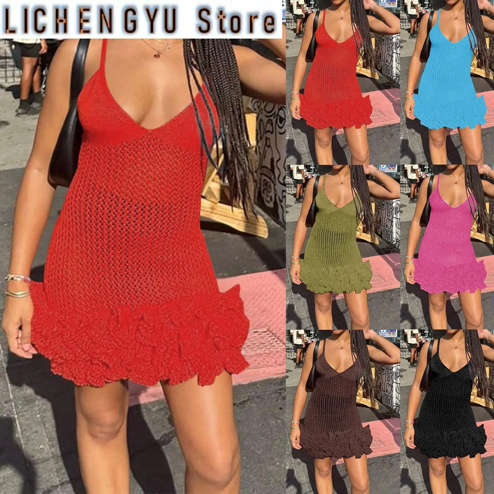 

Summer Dress Outfits Fishtail Skirt Women'S Sexy Spicy Girl Strap Open Back V Neck Low Cut High Knitted Dress Midi Sundress