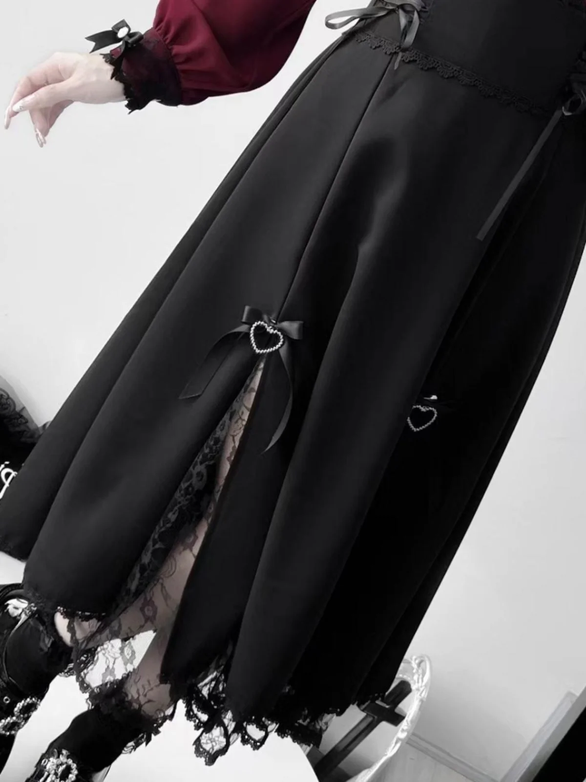 2025春の新作日本製量産レースステッチ長袖リボンシャツロリータトップスハイウエストスリムロングスカート2点セット