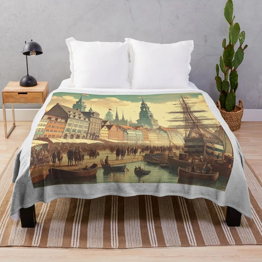 A Vintage Illustration of Copenhagen, Denmark Throw Blanket sofa bed Single Blankets