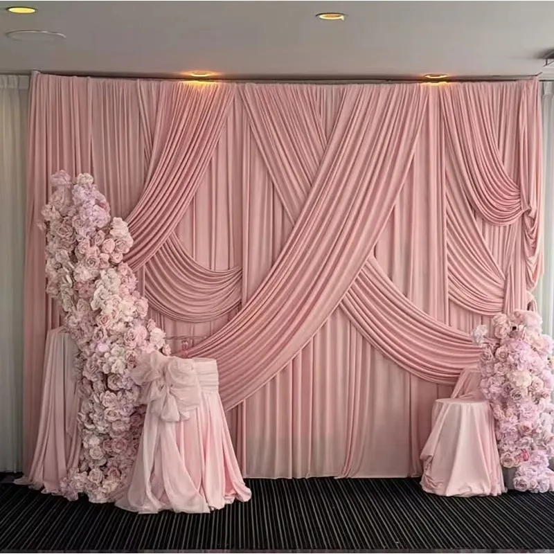 

Modern Customized Size Pink Theme Drapery with Cross Front Swag Curtain Ice Silk Spandex Drapery Wedding Party Event Backdrop