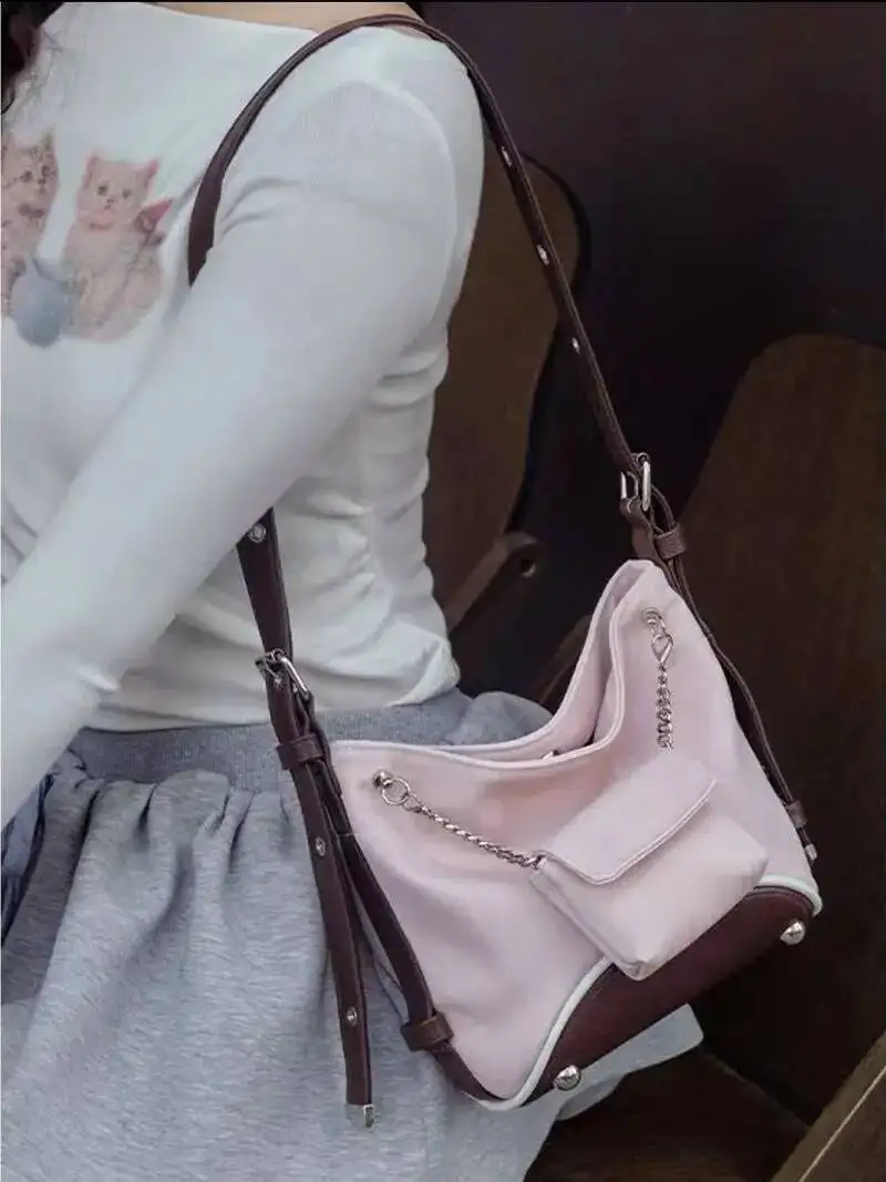 Bloom New Pink Y2k Bucket Bag Purse Handbag Women Haruku Aesthetic Nylon Underarm Shoulder Female Casual Crossbody Bags