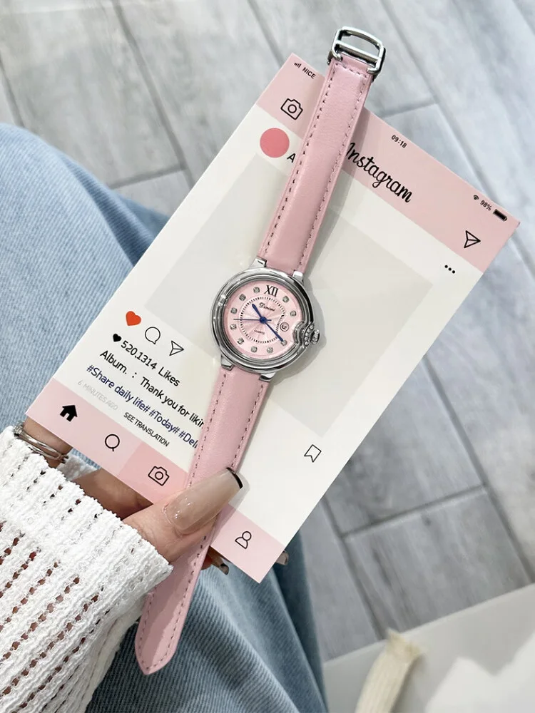 DINIMI Watch female  high school students fashion retro temperament leisure light luxury rhinestone belt simple large
