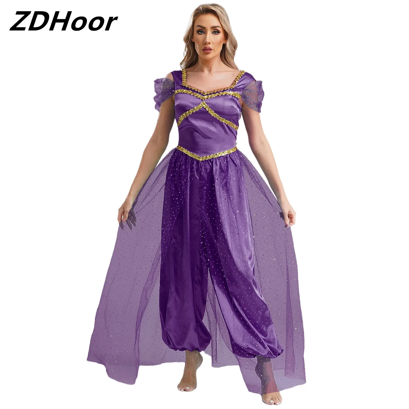 Womens Arabic Cosplay Jumpsuit Belly Dance Romper Sequin Trim Pumpkin Pants with Tulle Overlay One-piece Romper for Halloween