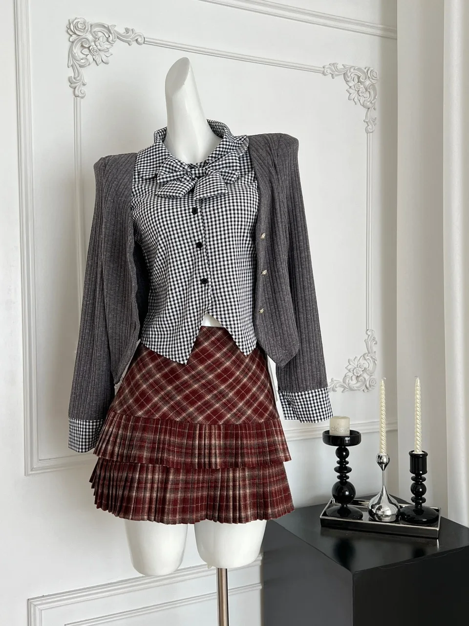 

Sweet Knot Tweed Two-Piece Set for Women Autumn New Sle High Waist Skirt Cardigan Top Faionable School orm