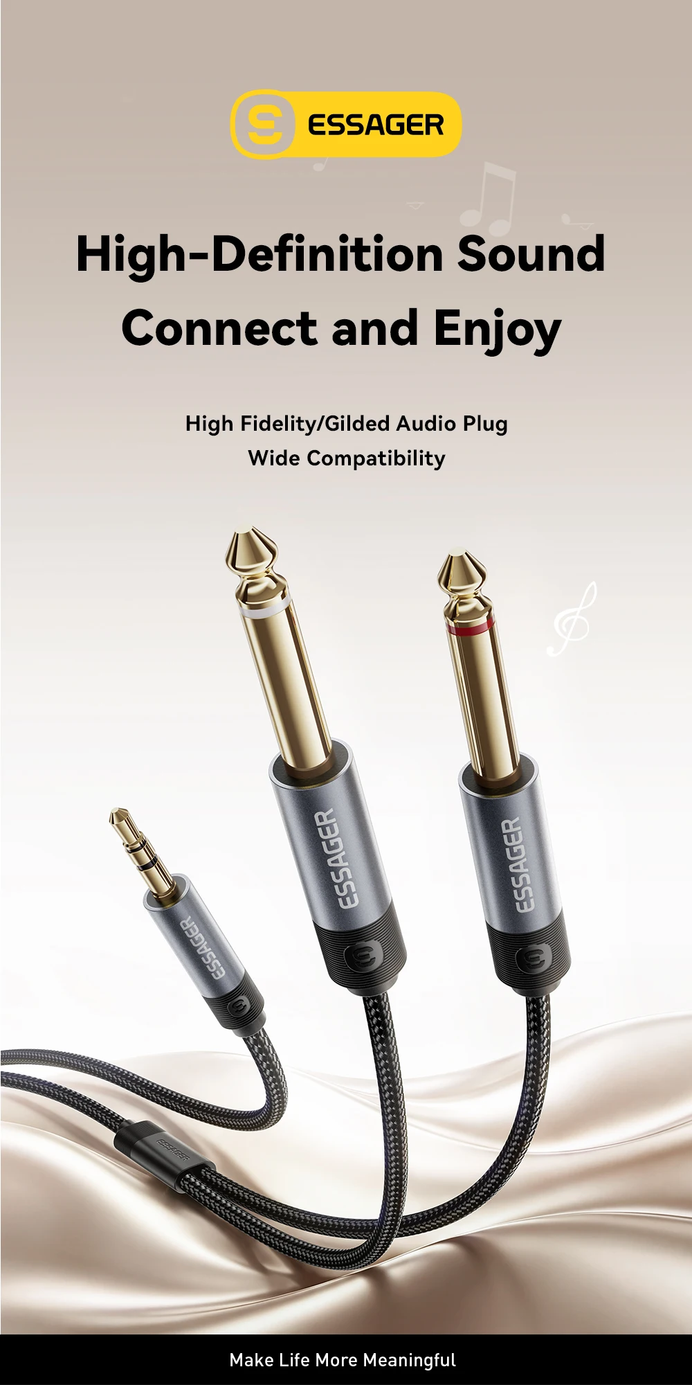 Essager 3,5mm auf Doppel-6,5mm Stereo-Klinkenkabel 3,5 auf 6,35 Audio-Kabel TRS-Kabel AUX-Splitterkabel für Gitarre, Mixer, Verstärker, DVD – Detail 1