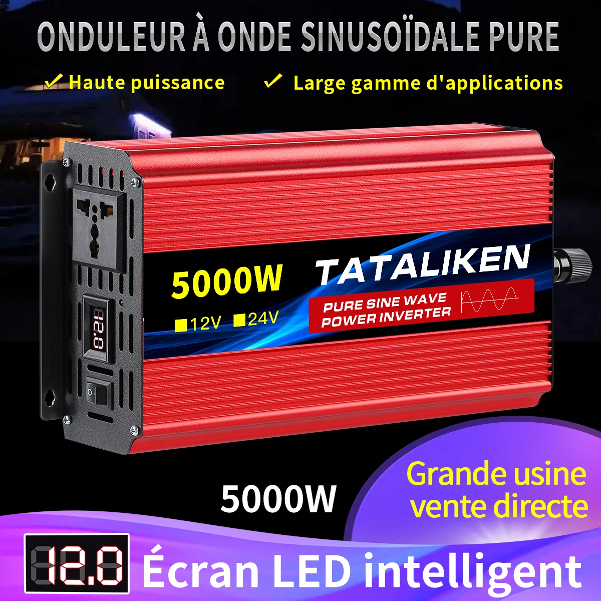 Onduleur DC12V/24V à AC 220V, tension 50/60HZ, transformateur solaire, convertisseur d'onde sinusoïdale Pure avec affichage LED, prise universelle