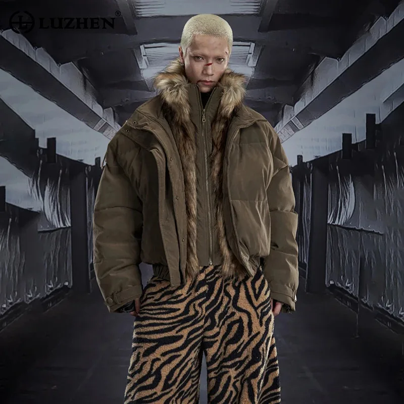 

LUZHEN 2025 зимняя модная двухслойная стеганая куртка из двух предметов, мужская оригинальная парка из искусственного меха в стиле пэчворк, куртка JY5336