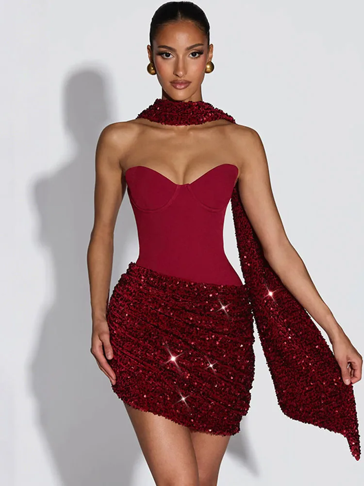 

NEW Women Scarf Collar Off-shoulder Backless Ruched Shiny Elegant Evening Robe BKQU Sequin Patchwork Strapless Sexy Mini Dress