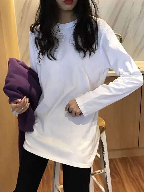 

Loose Long Sleeve Women's T-shirt Korean Style Pure Cotton Base Layer Shirt Inner Wear Top Bottom Cover up Spring Autumn