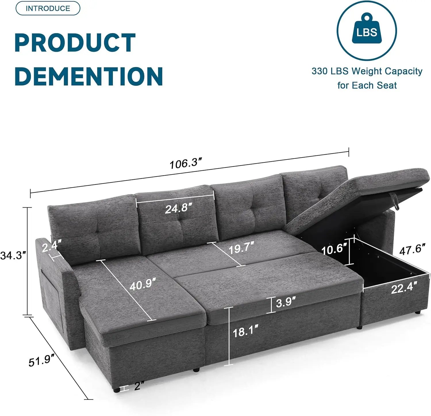 Sleeper Sofa Couch, 110 Inch Oversize 2 In 1 Pullout Sofa Bed With Double Storage Chaise, Sectional Sleeper Sofa Bed With Side