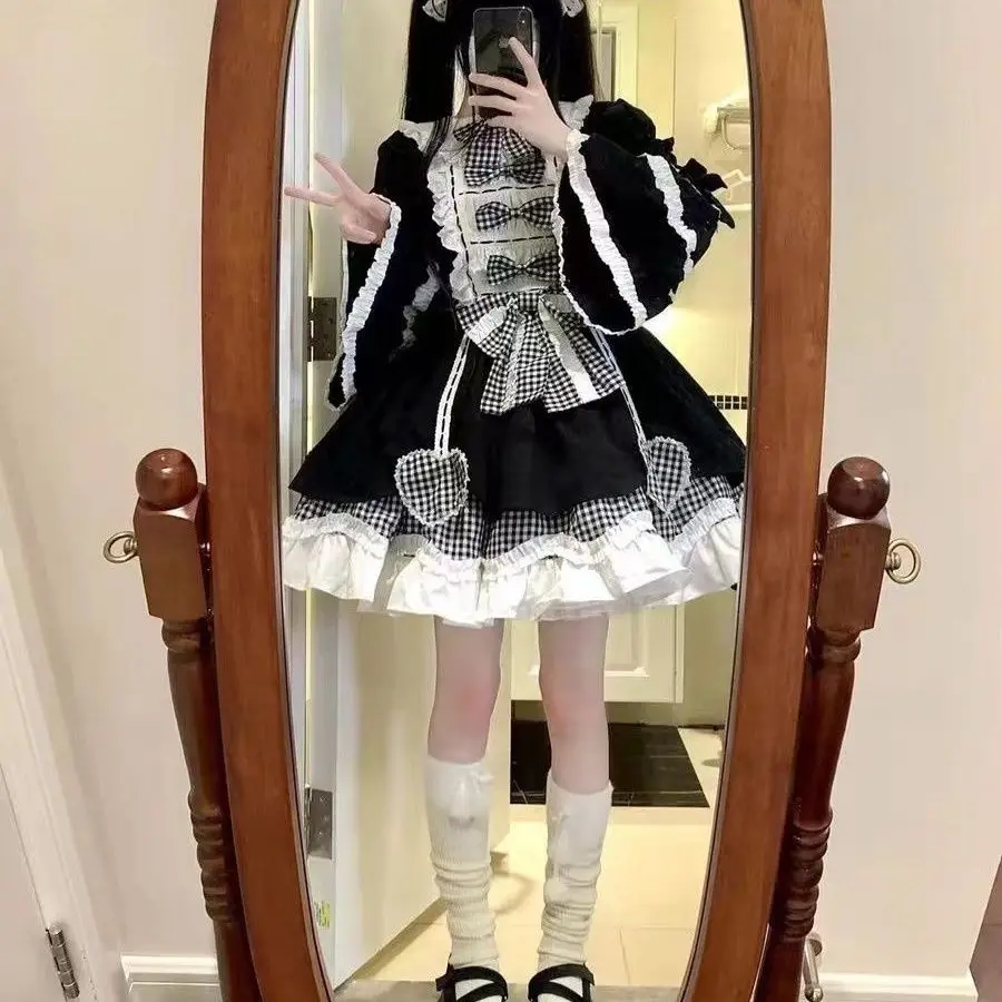 MAGOGO Doll Party Kawaii Lolita Three-piece OP Dress Women Harajuku Cute Bow Black Plaid Ruffles Mini Dress Shawl Hand Sleeve