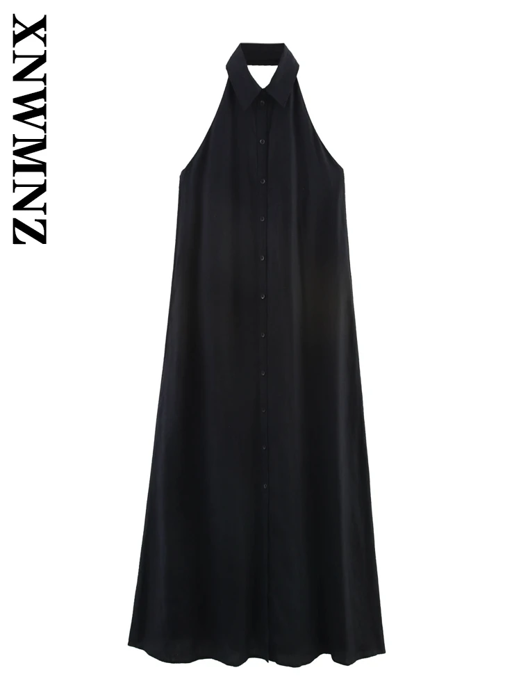 

XNWMNZ 2025 Summer New Female Party Fashion Halter Linen midi Dress club Chic Woman Sleeveless Turn-down Collar Shoulder Dresses
