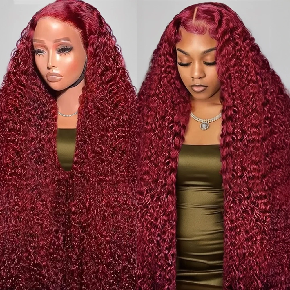 99J Borgogna 13x6 Hd Anteriore Del Merletto Parrucca Dei Capelli Umani 36 40 Pollici di Colore Rosso 13x4 Trasparente Del Merletto Ricci Onda Profonda Frontale parrucche 250%
