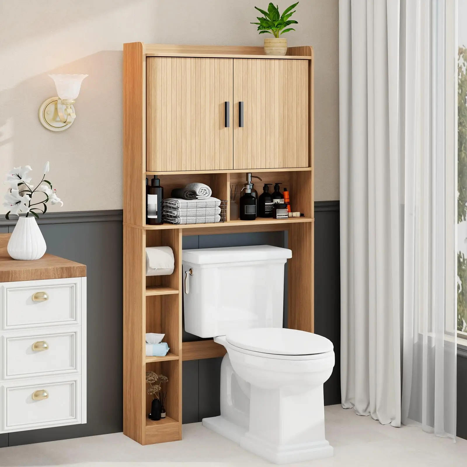 Over The Toilet Storage Cabinet with 2 Tambour Sliding Do, Oak