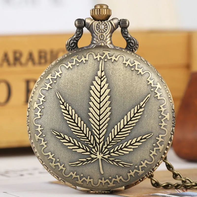 Vintage Bronze Leaf Pattern Design Quartz Movement Pocket Watch,With 80CM Necklace Pendant ,Great Gift Watch for Women and Men