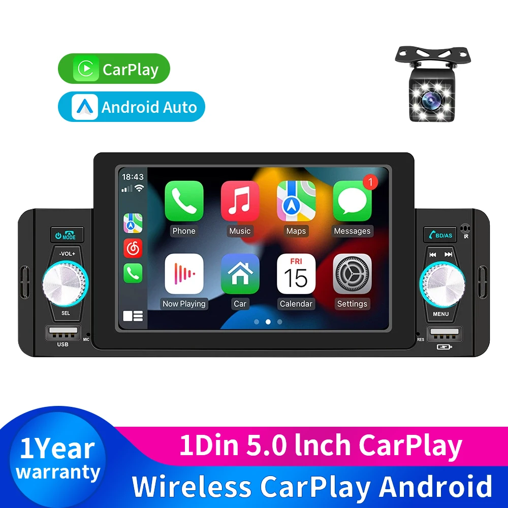 

1Din 5" Car Radio Wireless CarPlay Android auto Car Multimedia Video MP5 Player WIFI Bluetooth Handsfree FM RDS USB Car Player